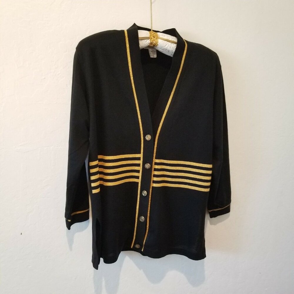 Vintage E.B. Petite Medium Button-Front Cardigan Sweater Black with Gold Stripe